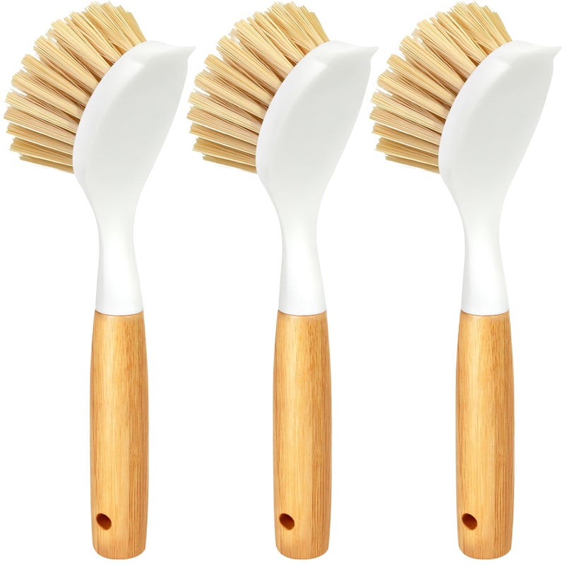 Holikme 3 Pack Dish Brush Set with Bamboo Handle, Kitchen Cleaner for Cleaning Pot, Pan, Sink and Stove, Scrubber with Medium Bristles, Yellow - Image 1